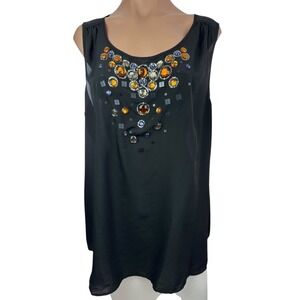 Lane Bryant Sz 20 Sleeveless Black Sheer Polyester Top Brown, Blue, Clear Beads